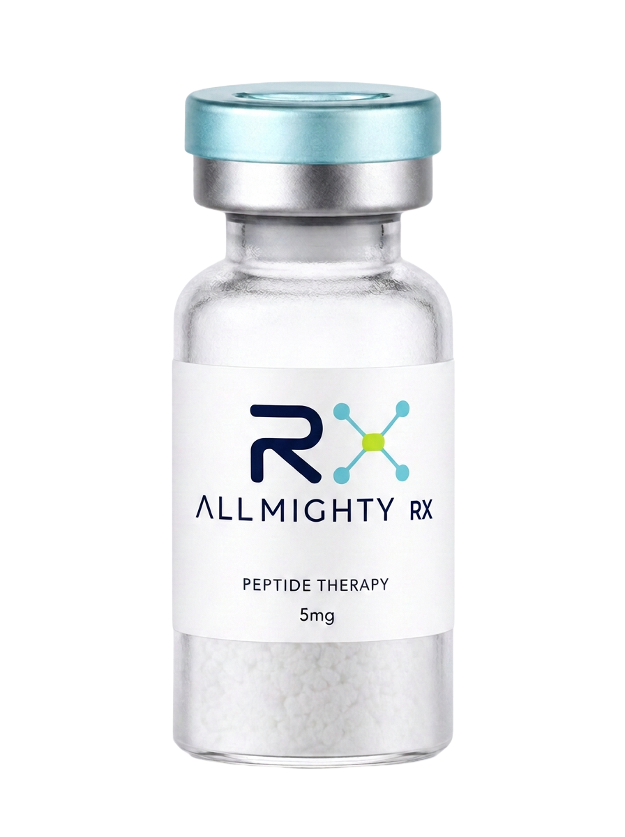 Allmighty RX peptide therapy vial with ice-blue cap